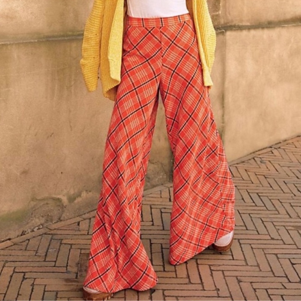 NWT Free People Wonderland Wide-Leg Pants In Red Combo